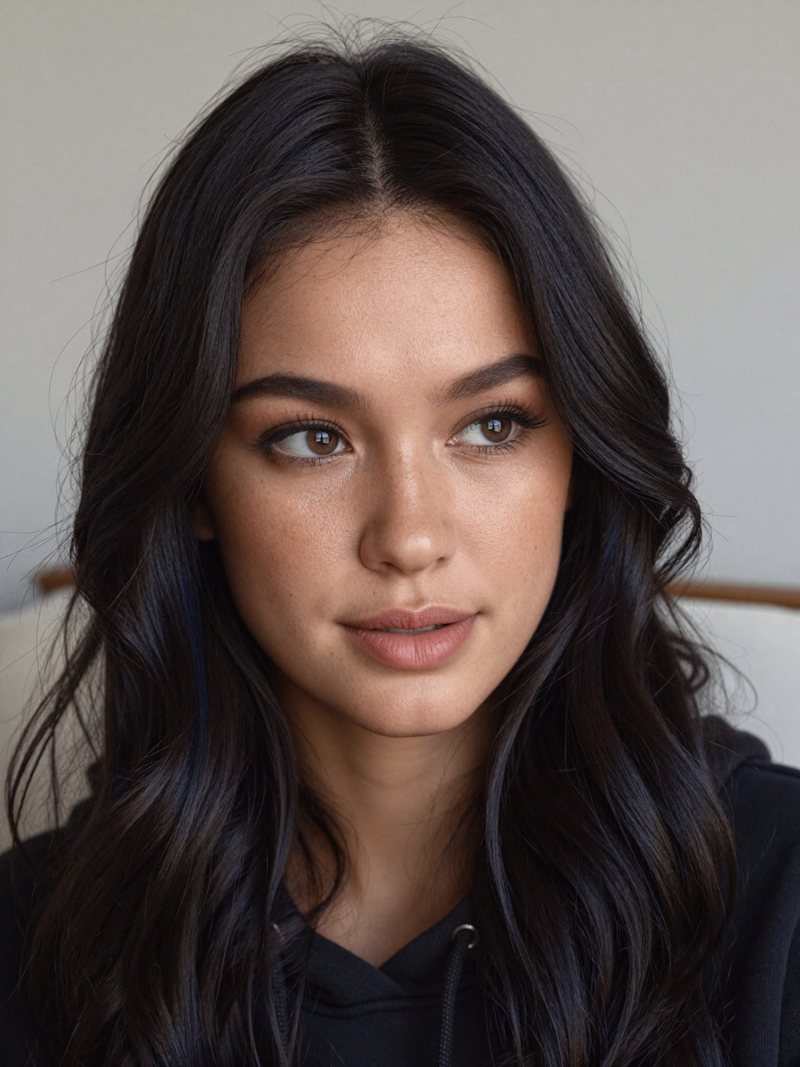 Nova Rai in a black hoodie with blue light in her hair