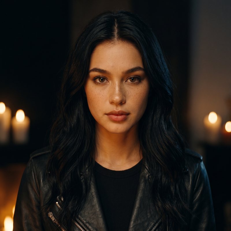 Nova Rai in a candlelit portrait in a leather jacket