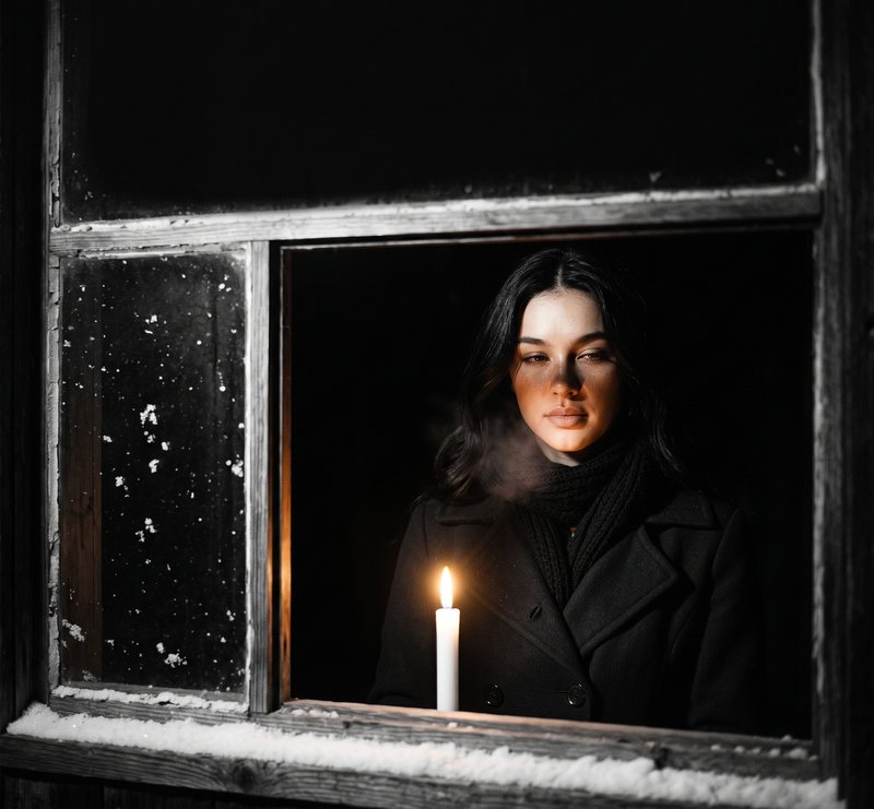 Nova Rai at a snowy window with a candle, in black and white