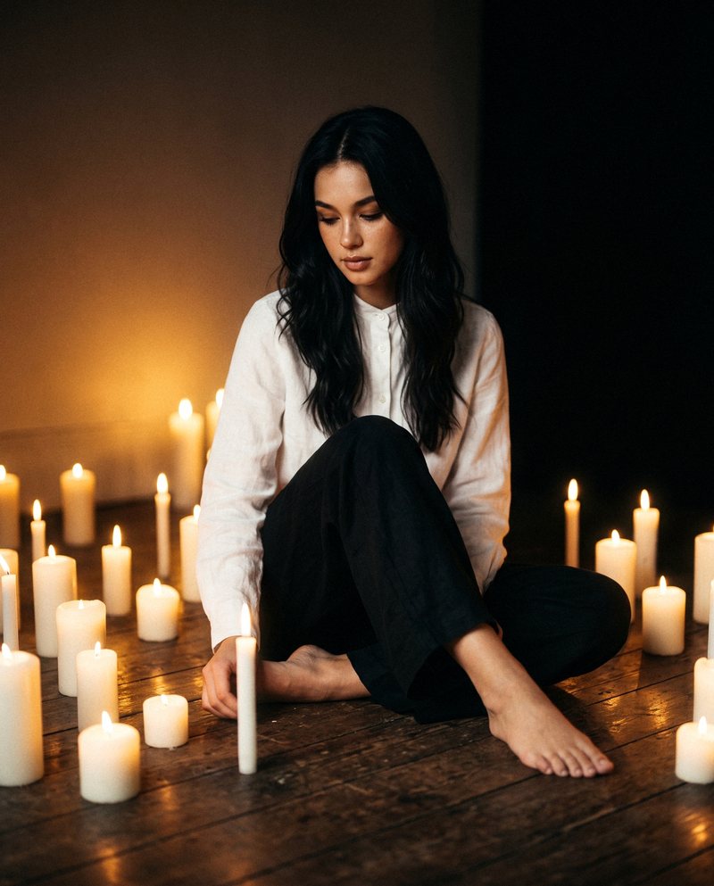 Nova Rai sitting barefoot on a wooden floor among lit candles