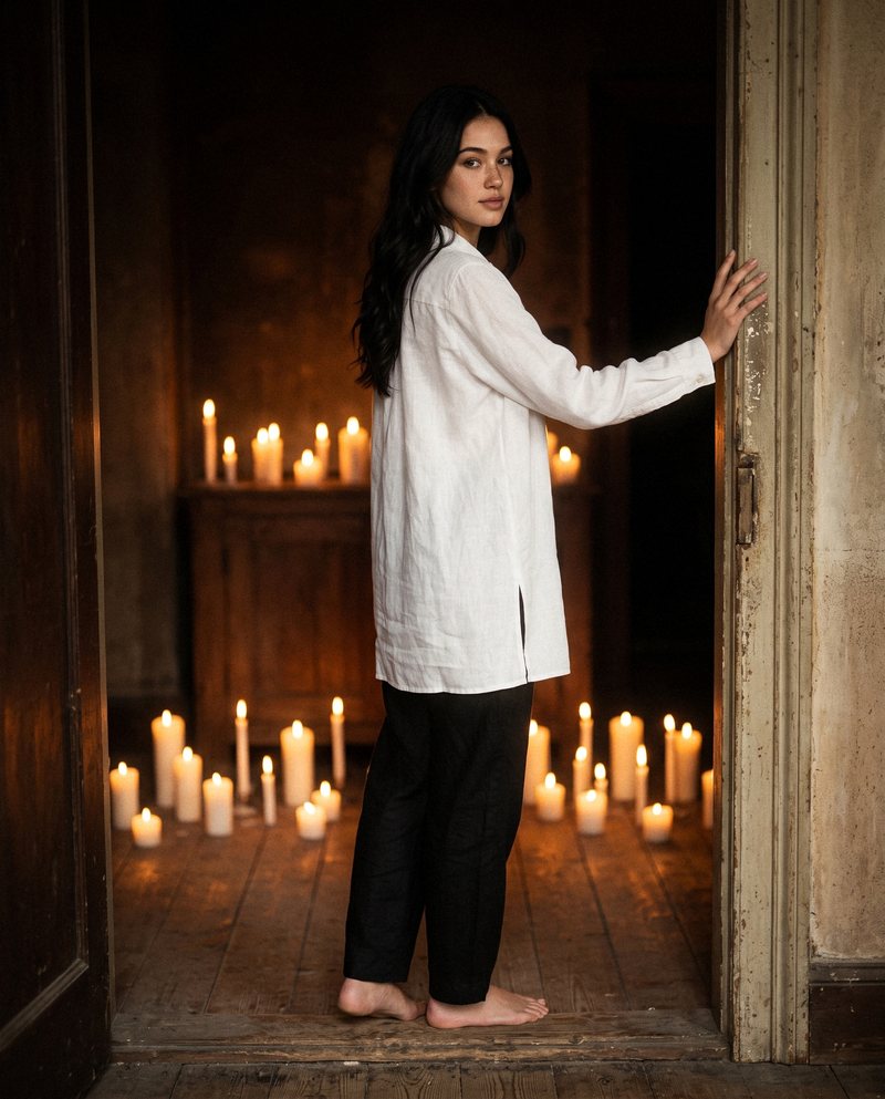 Nova Rai standing in a doorway with candles on the floor around her
