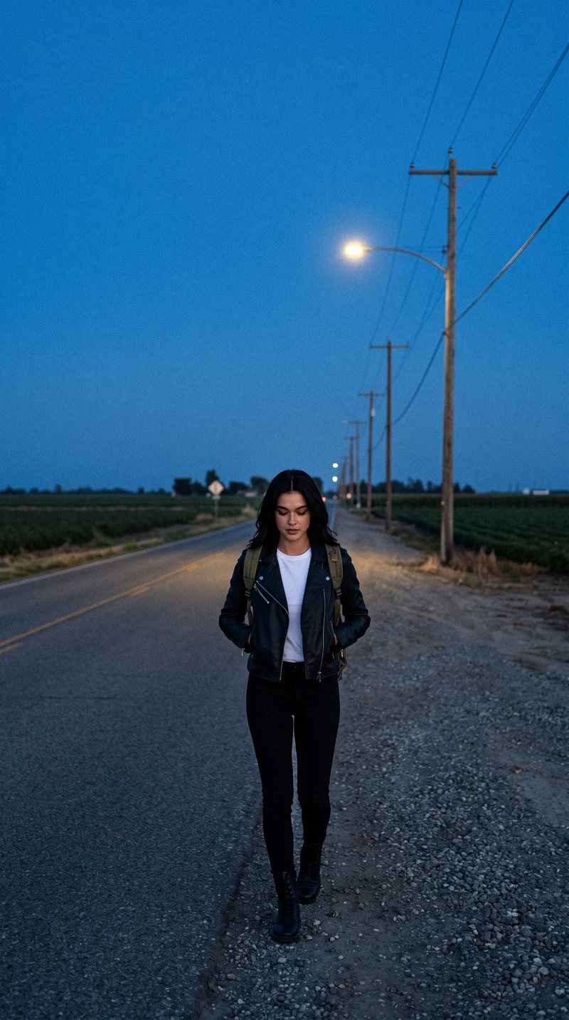 Nova Rai walking down the middle of an empty country road at blue hour