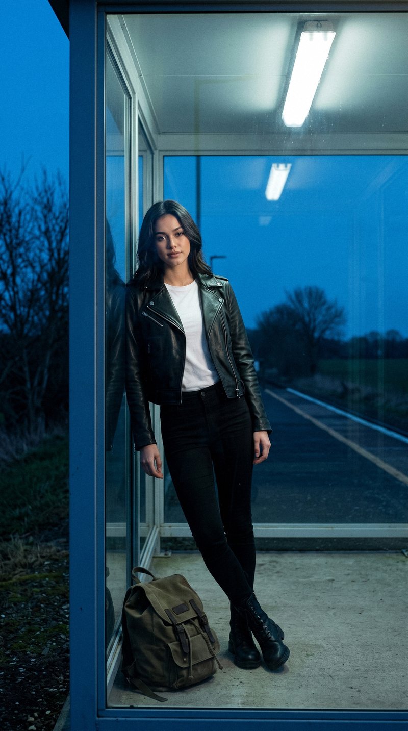 Nova Rai standing in a lit glass waiting room at blue hour, her backpack at her feet