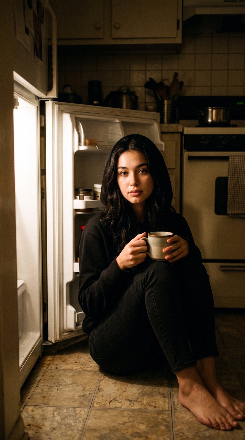 Nova Rai sitting on the kitchen floor by the open fridge at night with a mug in her hands