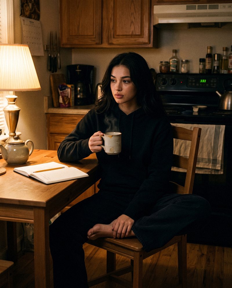 Nova Rai at a kitchen table at night with a cup of tea and an open notebook