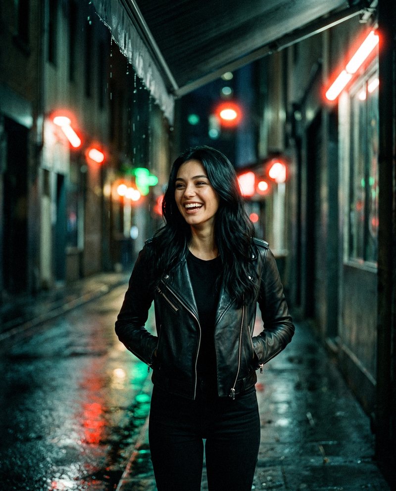Nova Rai laughing on a wet city street at night under red and green signs