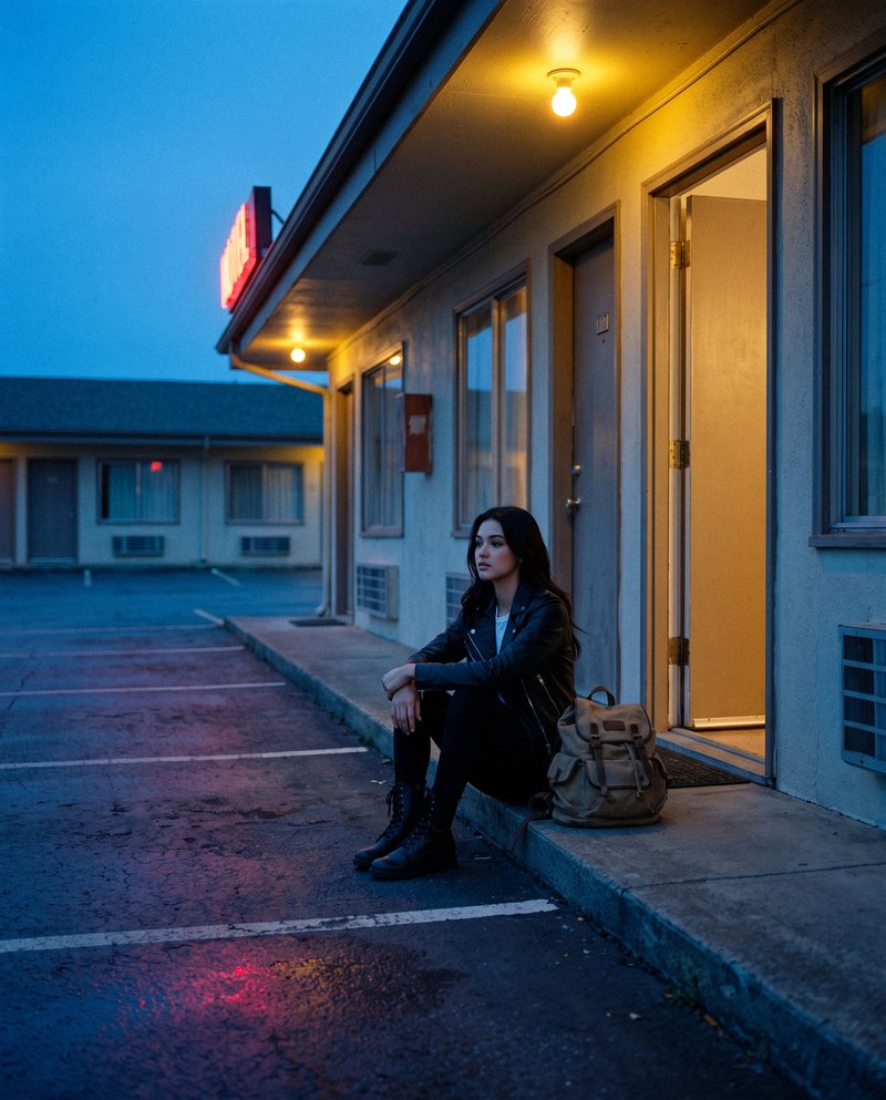 Nova Rai sitting on a motel step at blue hour beside her bag