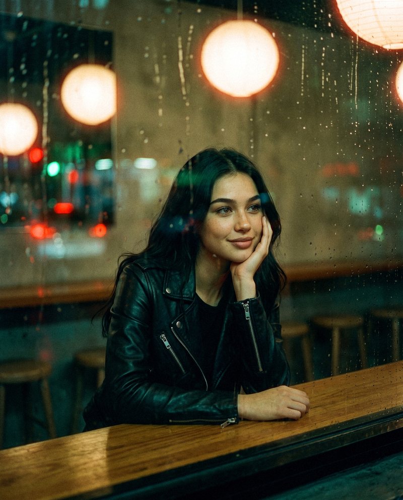 Nova Rai at a rainy cafe window at night, her chin in her hand