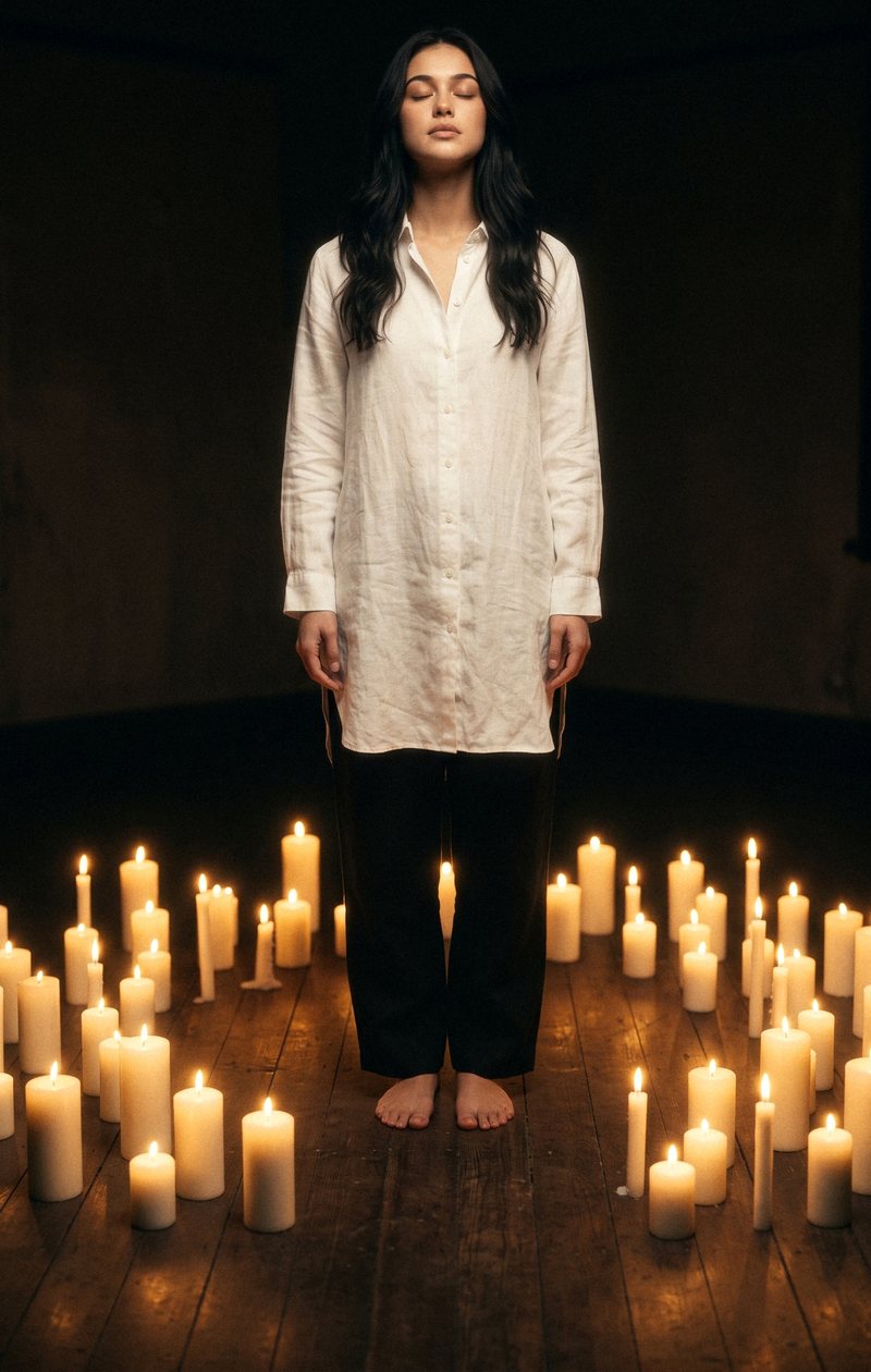 Nova Rai standing among candles on the floor with her eyes closed