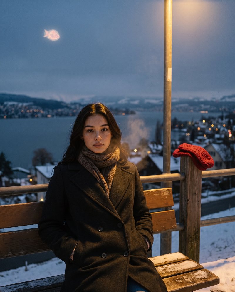 Nova Rai at a bus stop above the lake in the first snow, a lost red mitten on the post