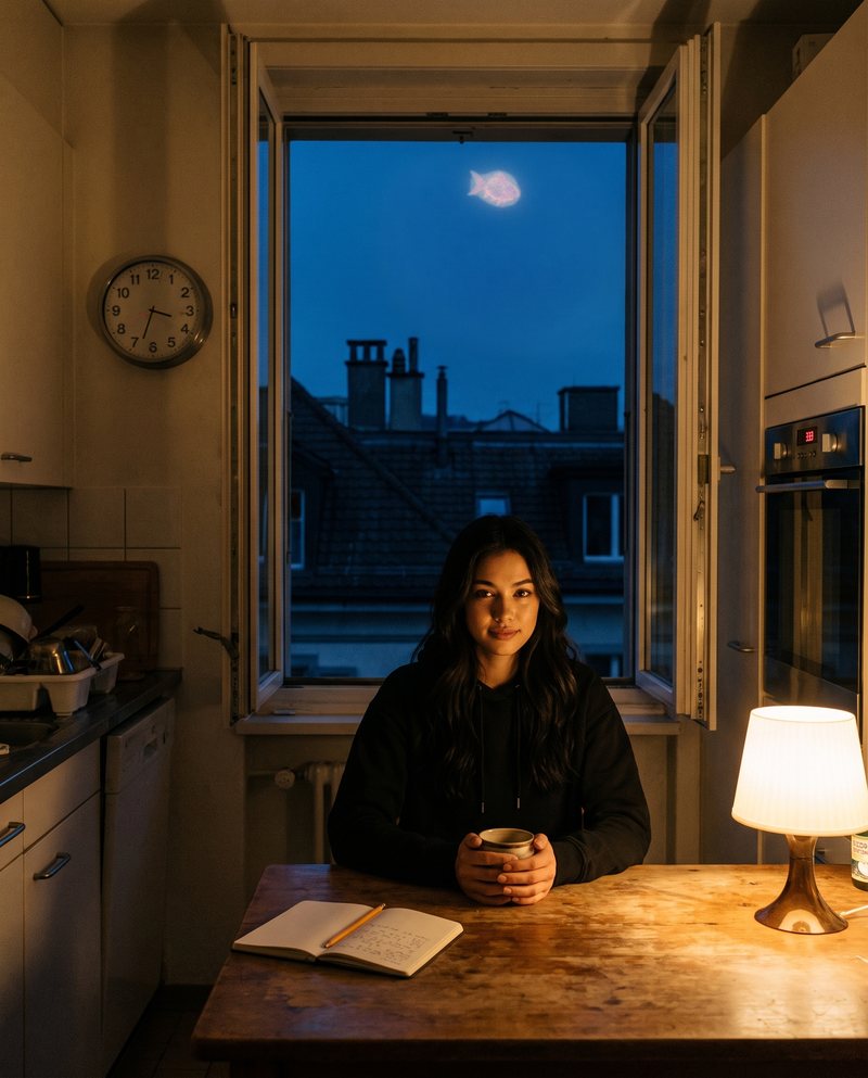 Nova Rai at a kitchen table at 3:33 with a lamp and a cup, the night city in the window