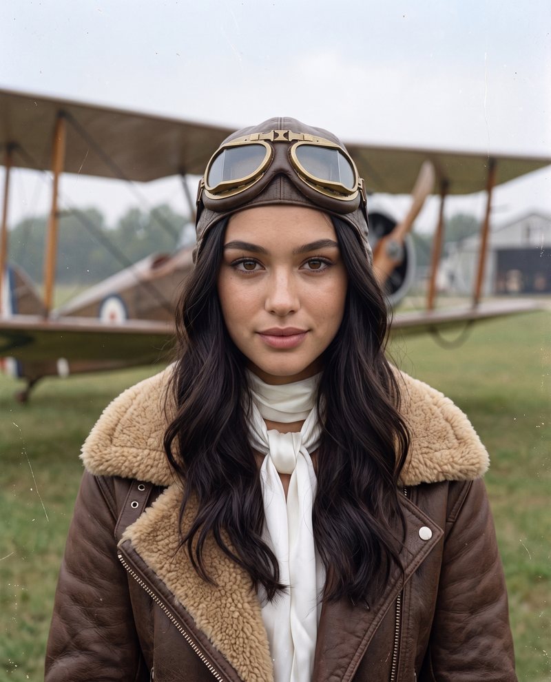 Nova Rai on a grass airfield in a sheepskin flying jacket, her goggles pushed up