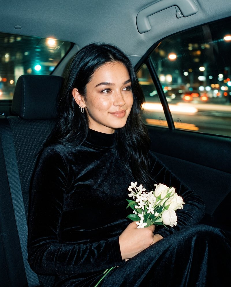 Nova Rai in the back of a car at night holding a small bunch of white flowers