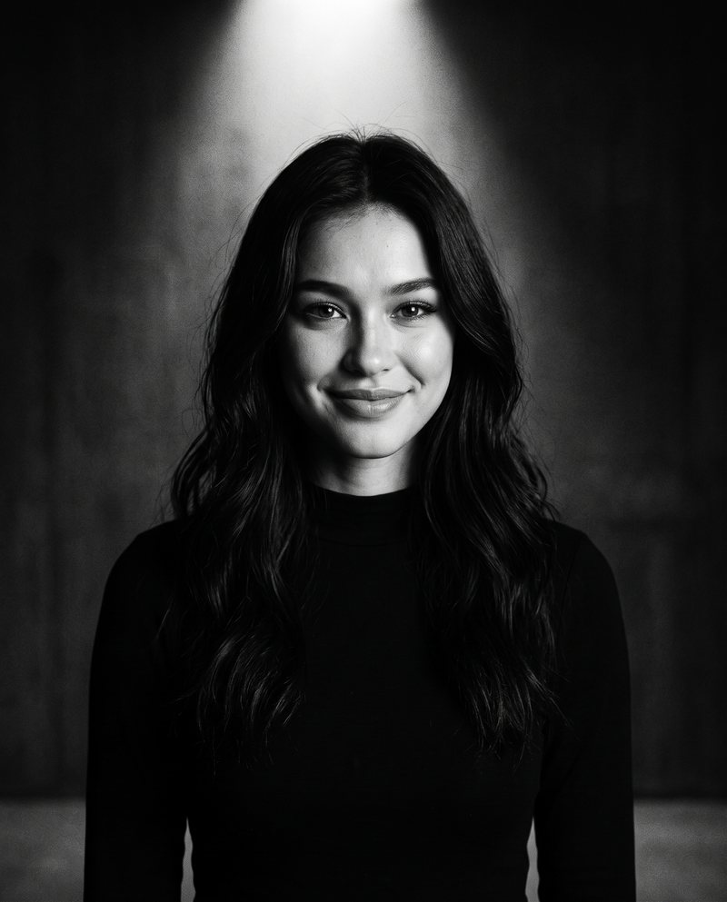 Nova Rai smiling between two takes, in black and white