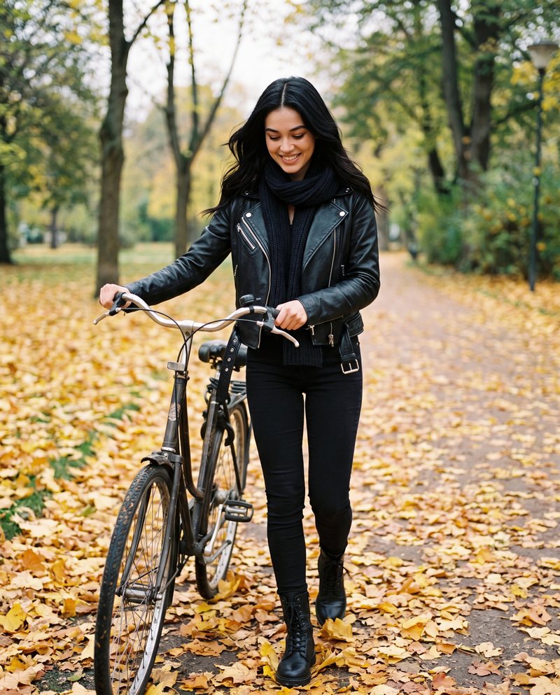 Nova Rai walking a bicycle down a path of autumn leaves