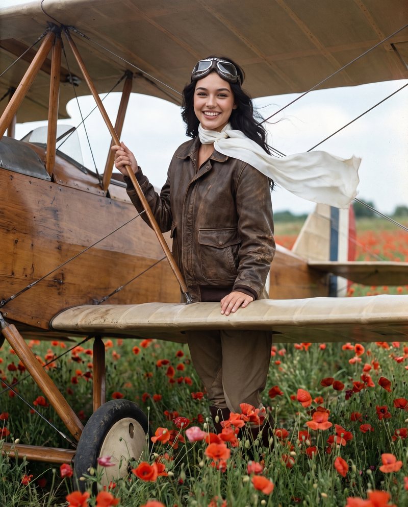 Nova Rai on the wing of an old biplane in a field of red poppies, a white scarf in the wind