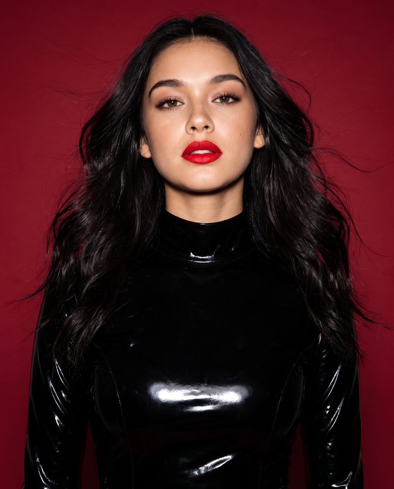 Nova Rai in black vinyl with wind in her hair against a red wall