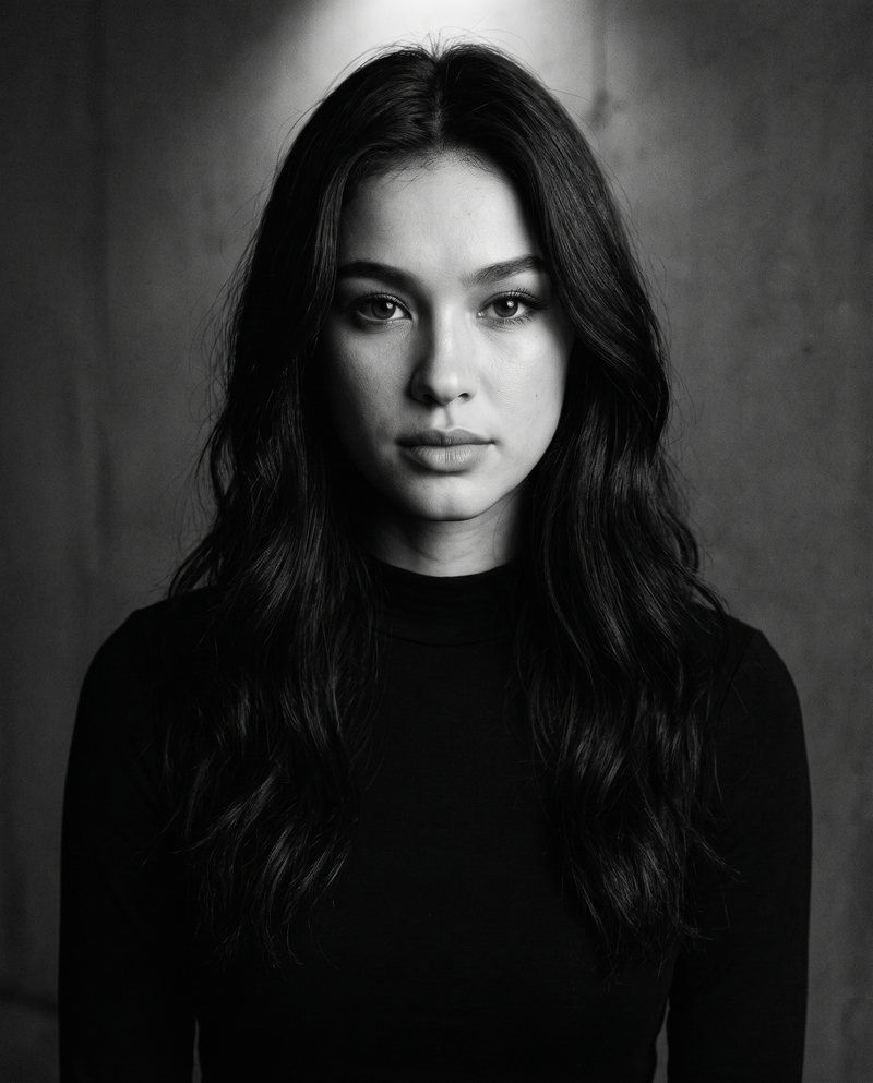 Nova Rai in a concrete room under a top light, in black and white