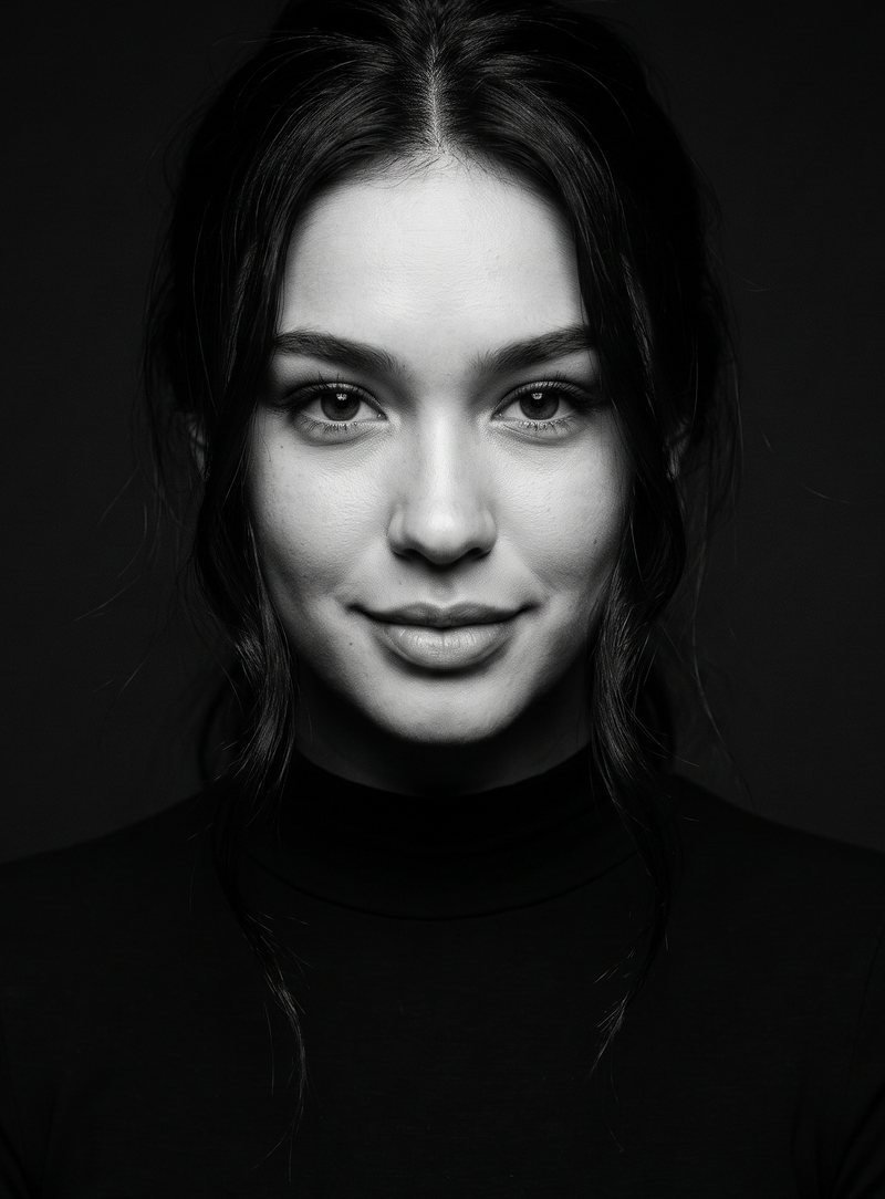Nova Rai with her hair back and a small smile, in black and white