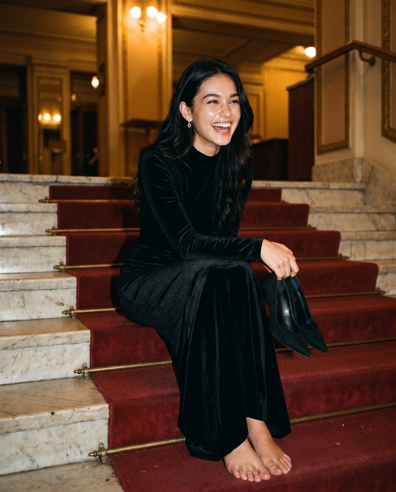 Nova Rai laughing barefoot on red-carpeted theatre stairs, her shoes beside her