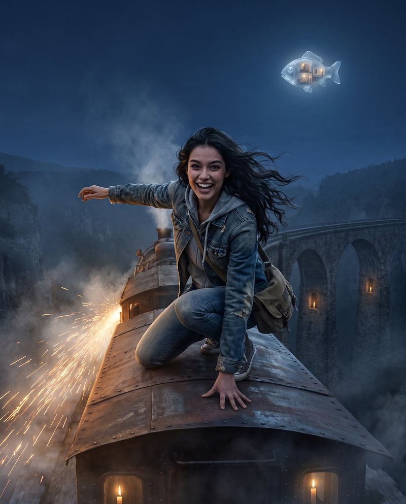 Nova Rai riding on the roof of a moving train at night, arms out