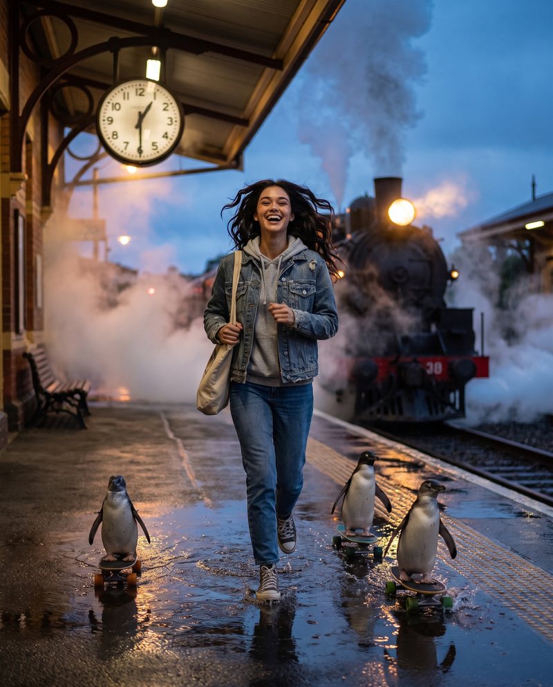 Nova Rai walking down a station platform beside a steam train with two penguins at her feet