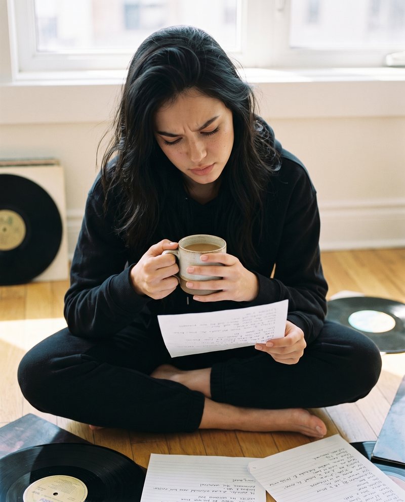 Nova Rai reading a letter on the floor among records with a mug in her hand