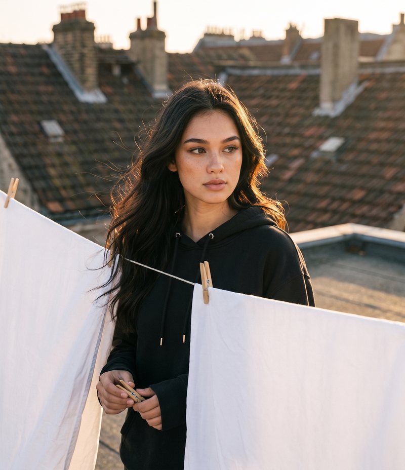 Nova Rai hanging white sheets on a rooftop line in the evening sun