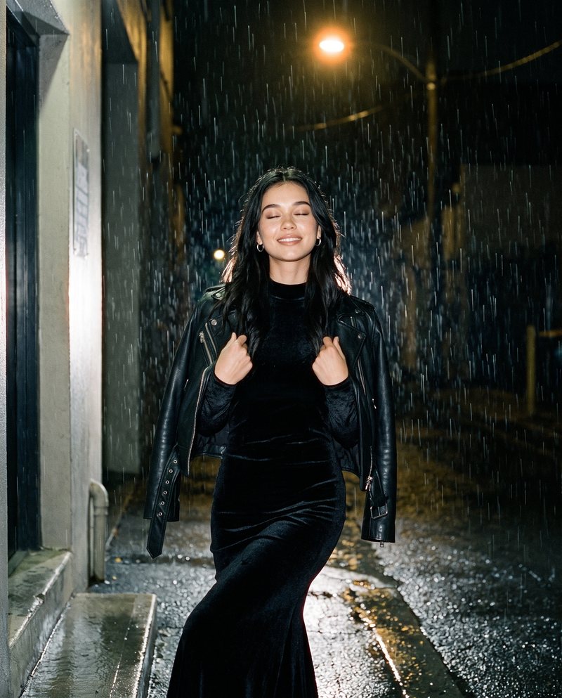 Nova Rai leaving by a stage door in the rain at night