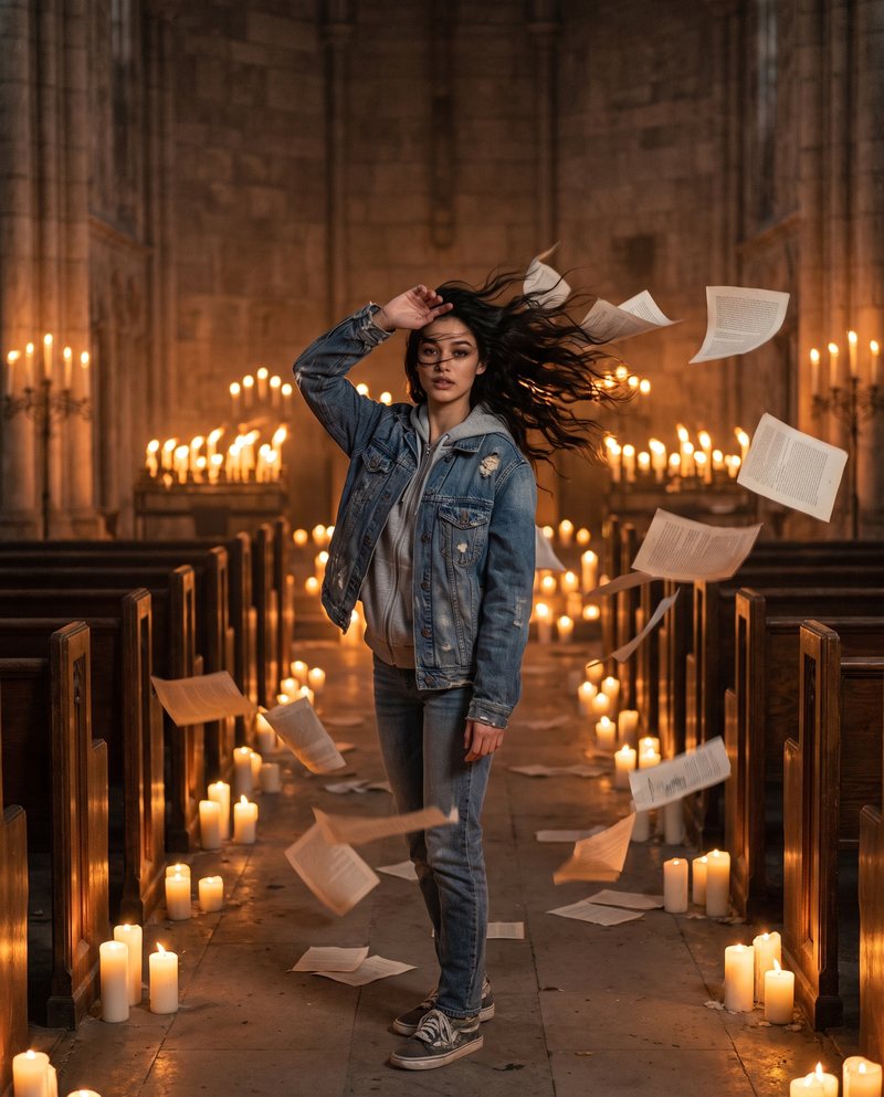 Nova Rai in a candlelit chapel with pages flying around her