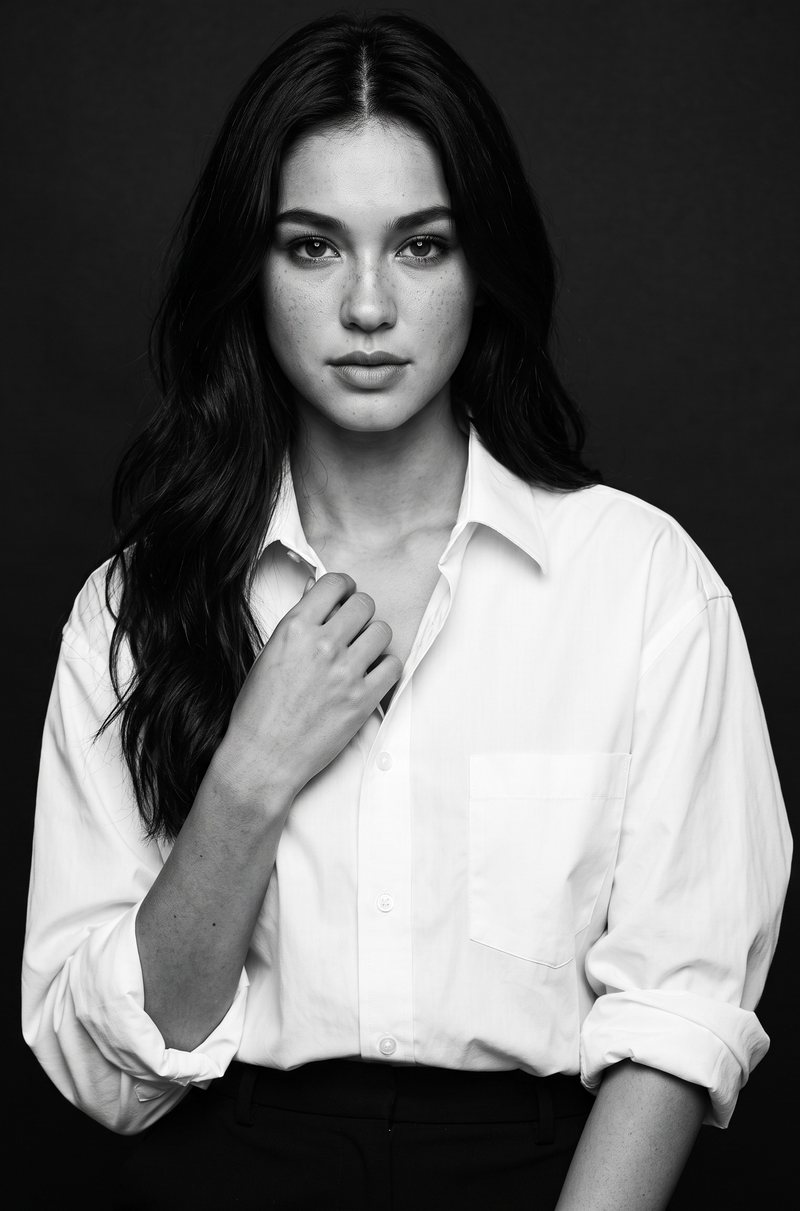 Nova Rai in a white shirt in a black studio, one hand at her collar, in black and white
