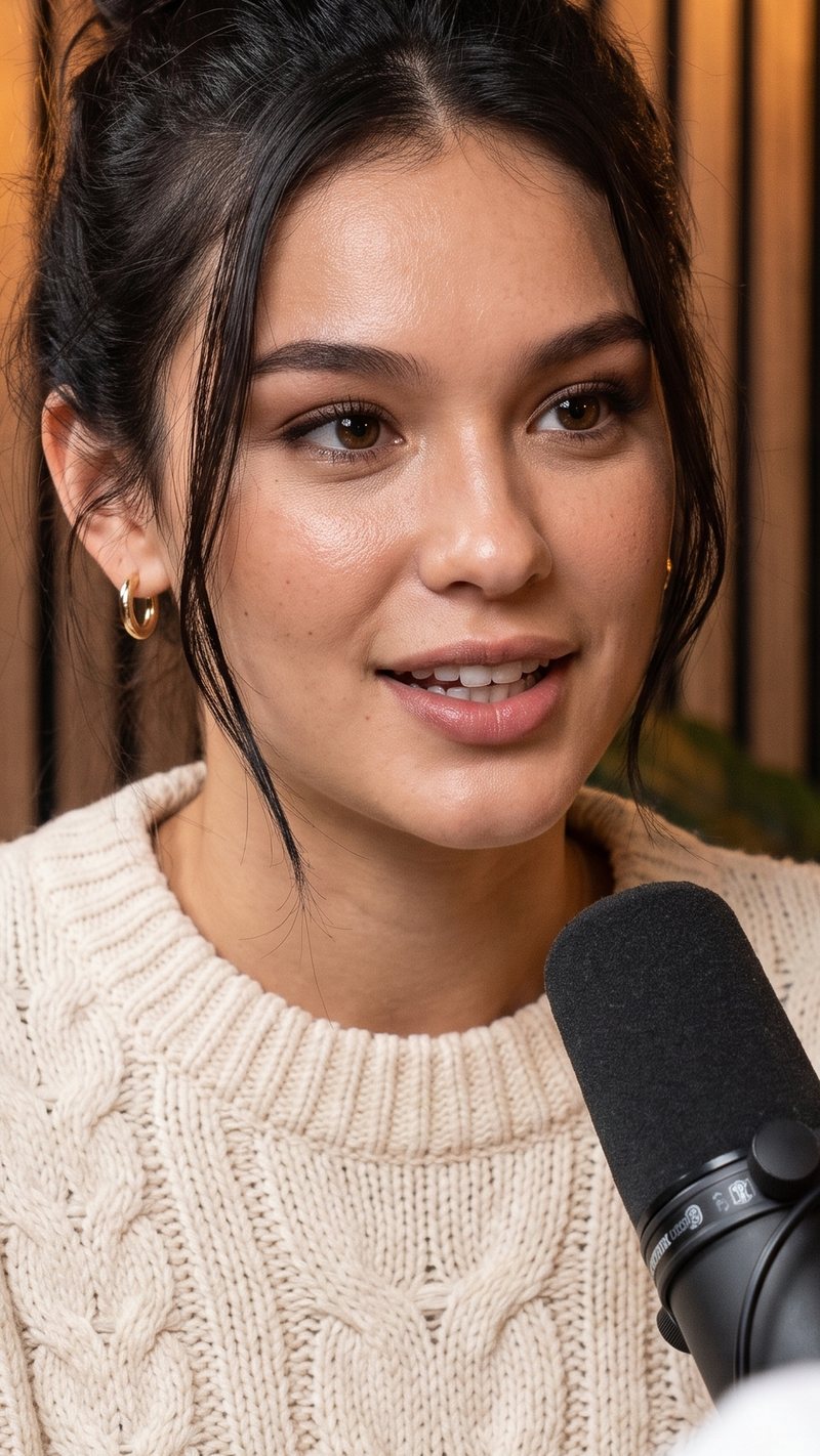 Nova Rai in a cream knit under Edison bulbs in a podcast studio