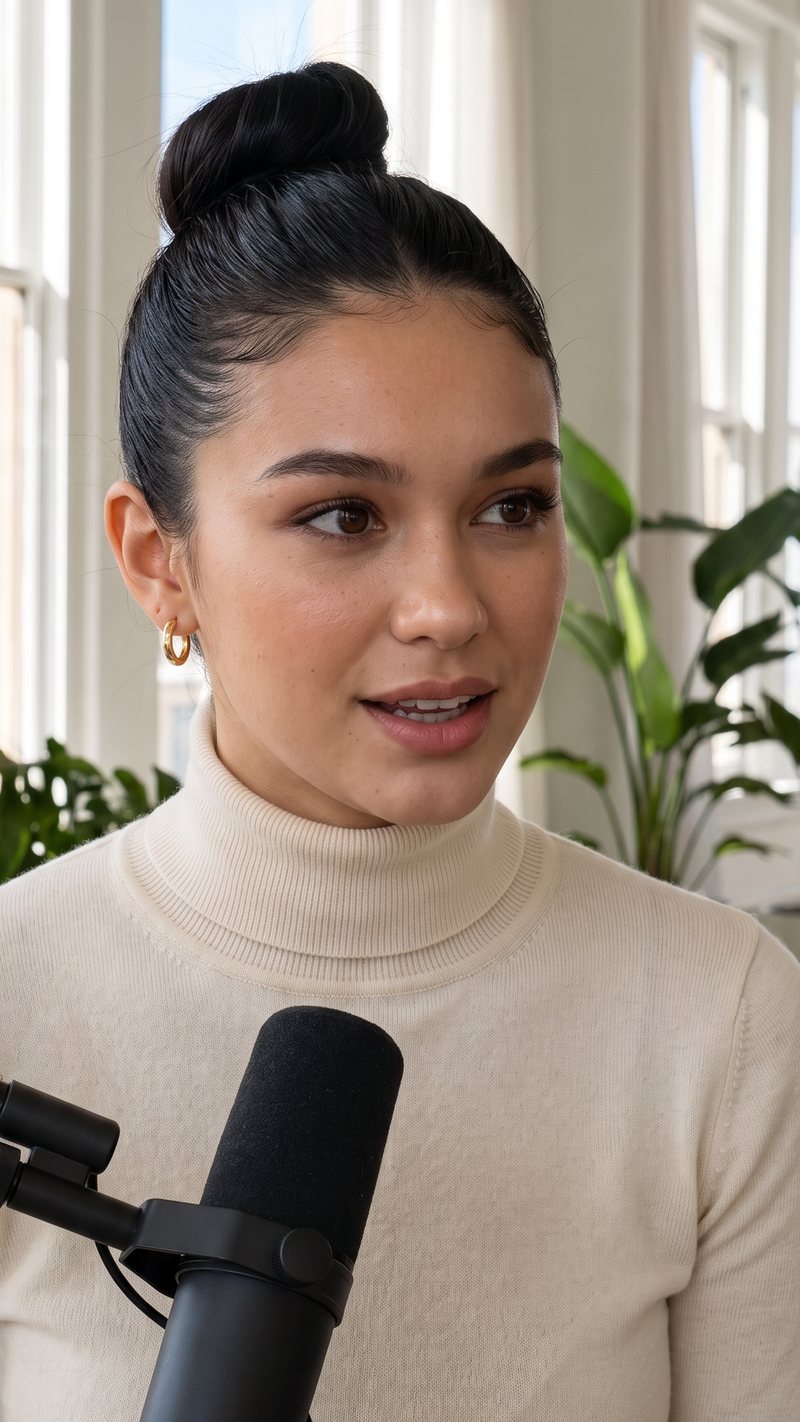 Nova Rai in a cream turtleneck with a sleek high bun in a bright window studio