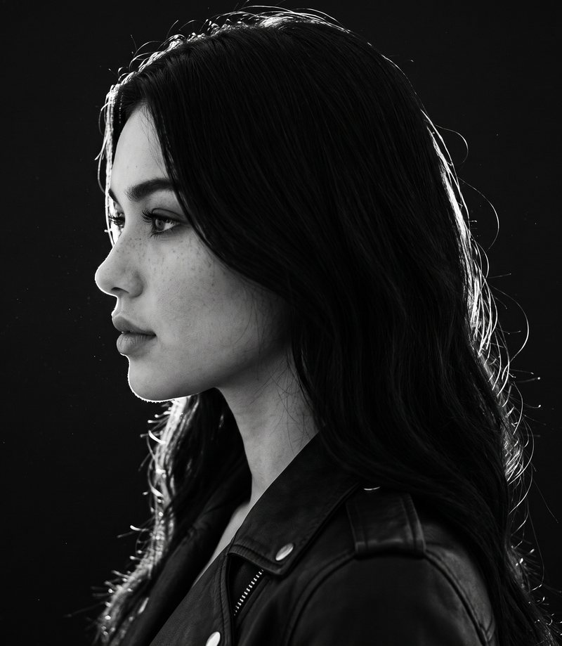 Nova Rai in profile with a rim of light along her face, in black and white