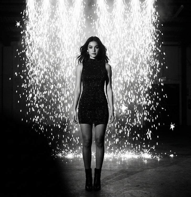 Nova Rai standing under a falling fountain of sparks in a dark room, in black and white
