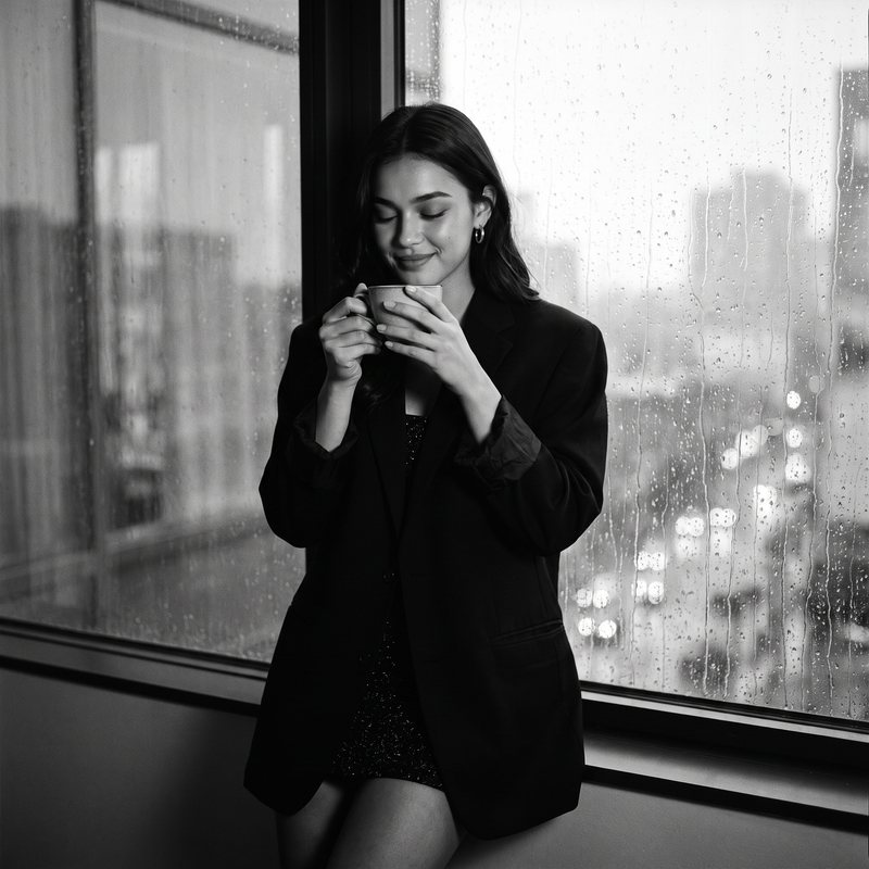 Nova Rai at a rainy window with a mug in her hands, a blazer over her shoulders, in black and white