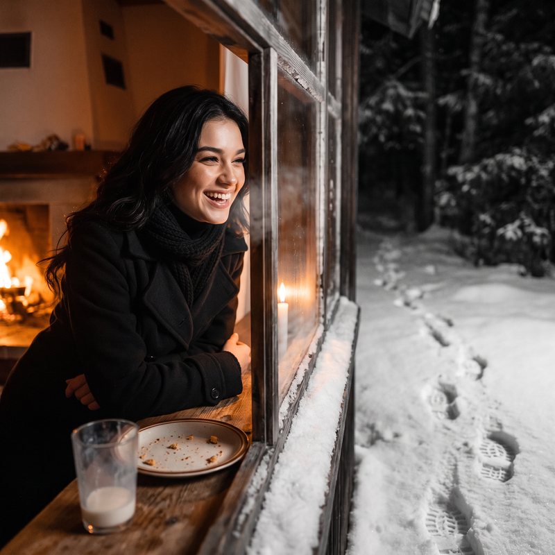 Nova Rai smiling at a cabin window by the fire, footprints in the snow outside