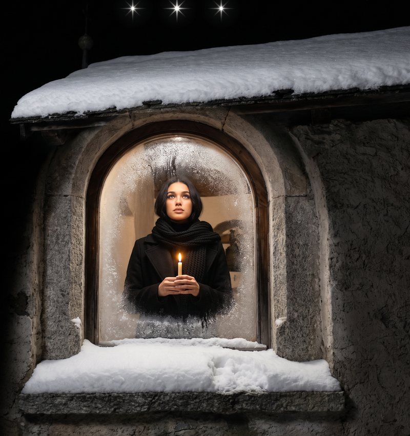 Nova Rai holding a candle in the arch of a snowy bell tower at night