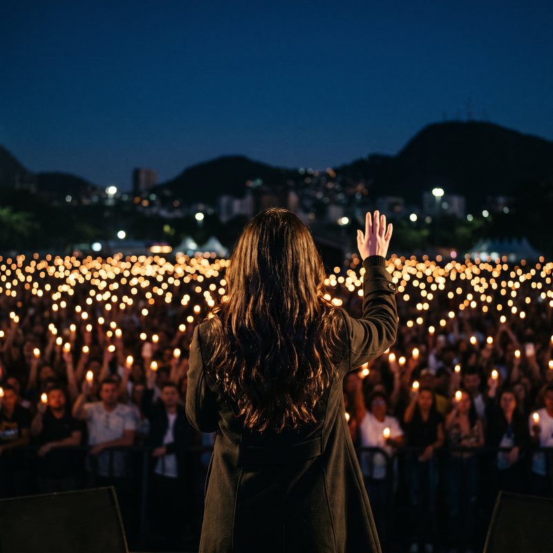 Nova Rai seen from behind on a stage, her hand raised to a sea of candles in the crowd