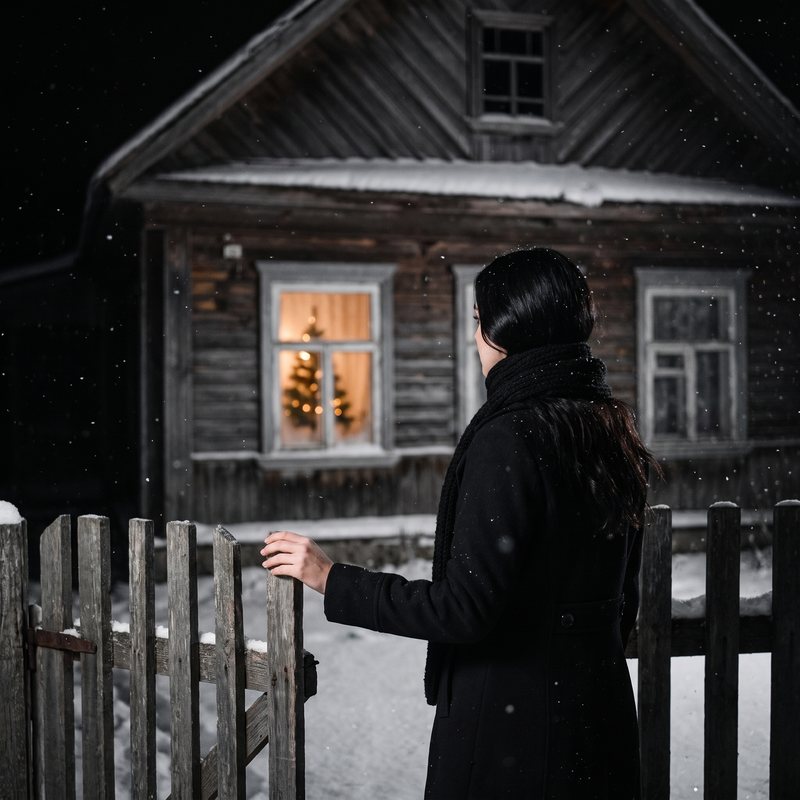Nova Rai seen from behind at a garden gate in the snow, a lit tree in the cabin window