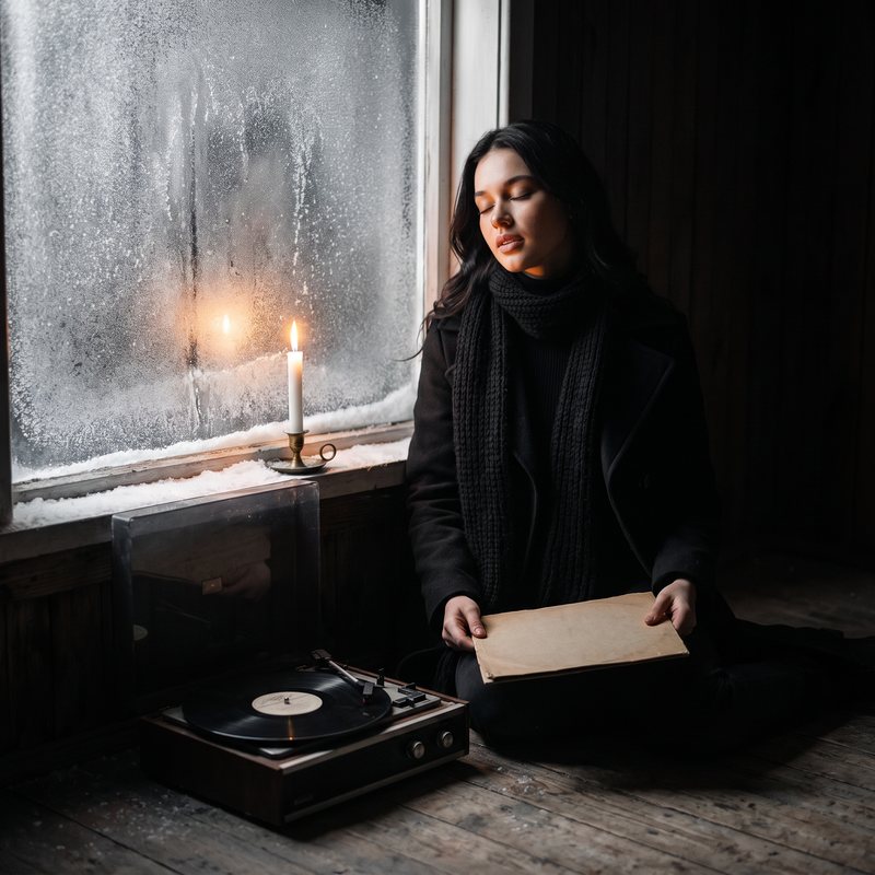 Nova Rai sitting by a frosty window with a record player and a candle, a letter in her hands