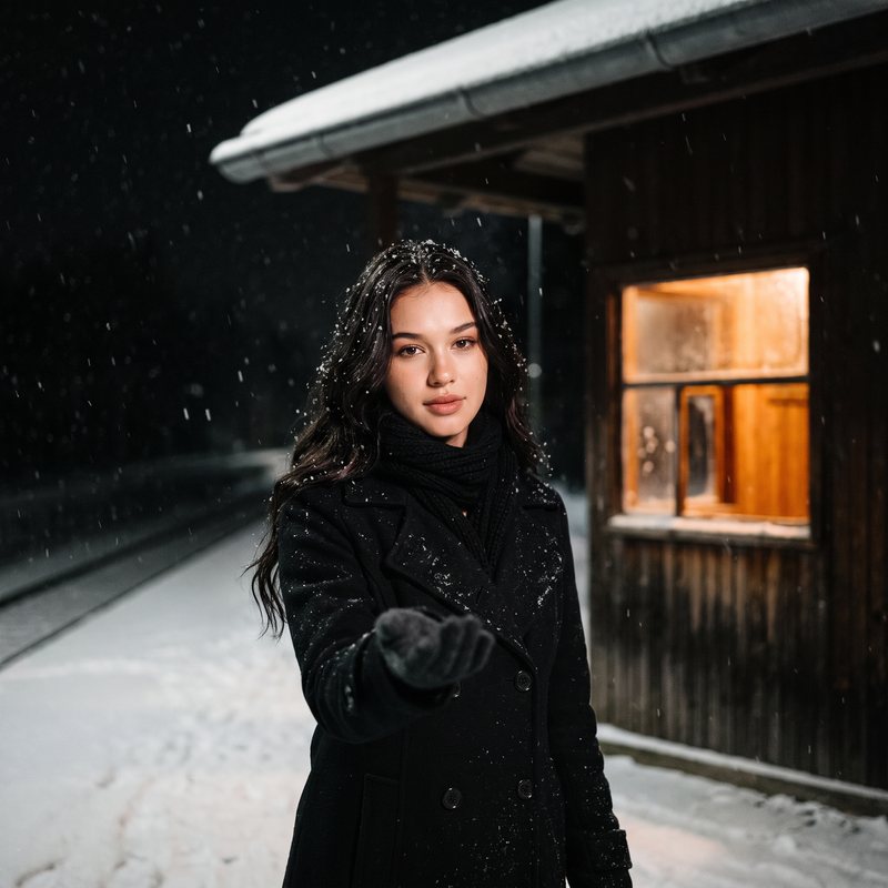 Nova Rai catching snowflakes in her hand beside a warm cabin window at night