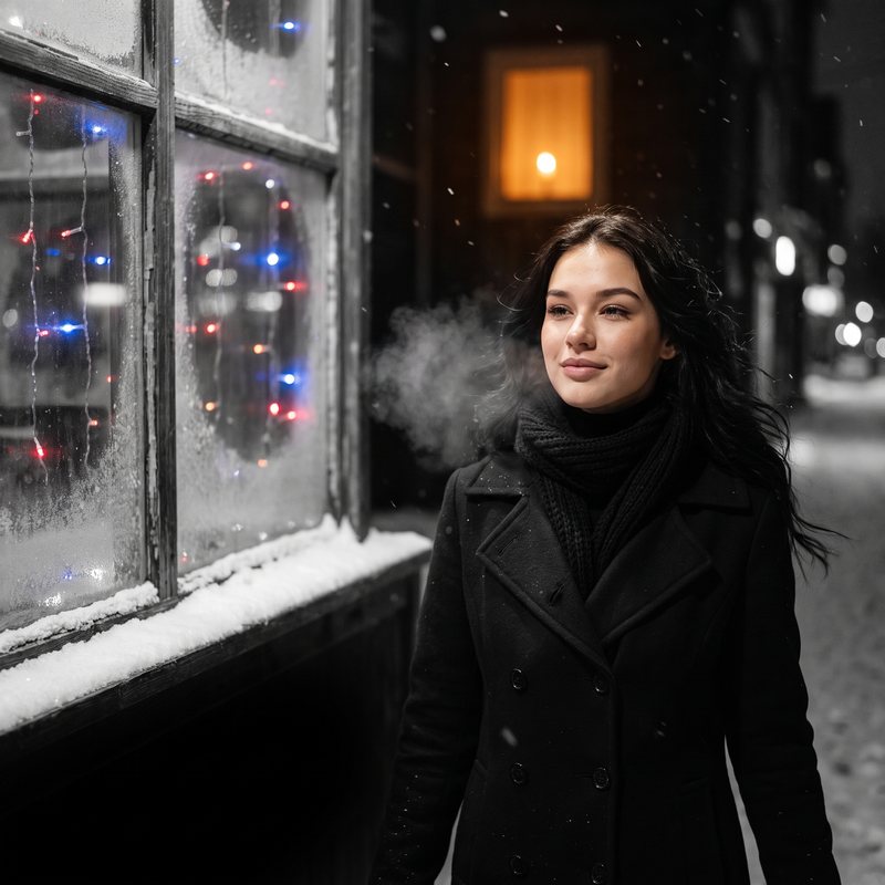 Nova Rai on a snowy street by a frosted window of coloured lights, her breath in the cold