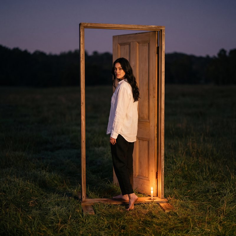 Nova Rai standing in an old door frame alone in a meadow at dusk