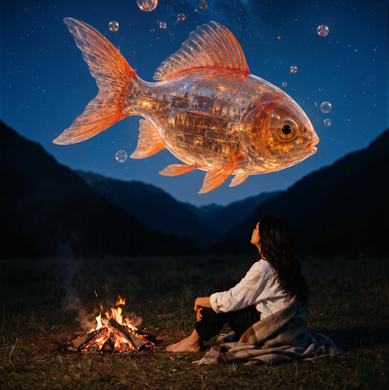 Nova Rai sitting by a small fire at night, looking up at a great golden fish in the sky above the hills