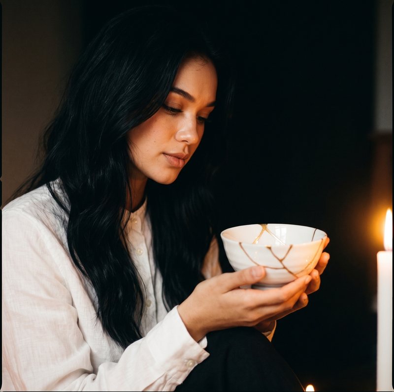 Nova Rai holding a white bowl mended with gold beside a candle