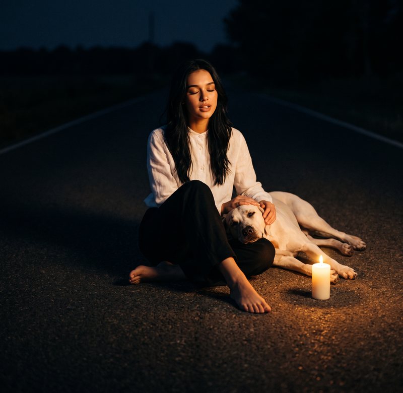 Nova Rai sitting on a night road beside a white dog, her hand on his head, a candle on the asphalt