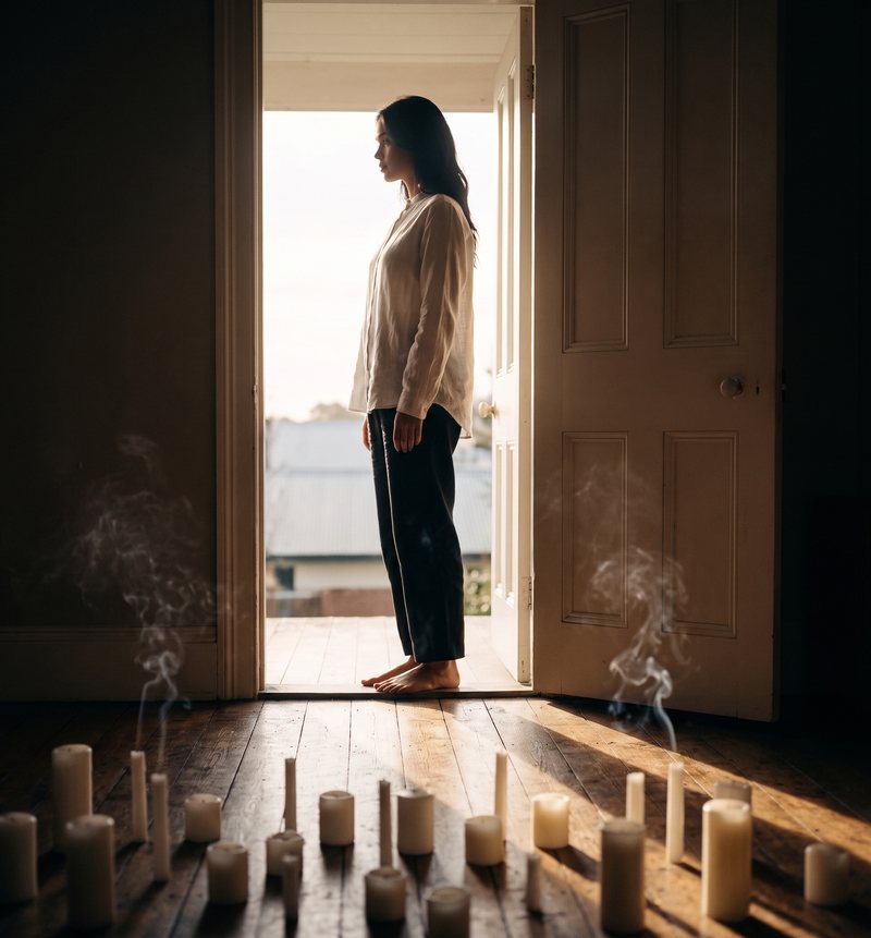 Nova Rai standing in an open doorway at dawn, burnt-down candles on the floor behind her
