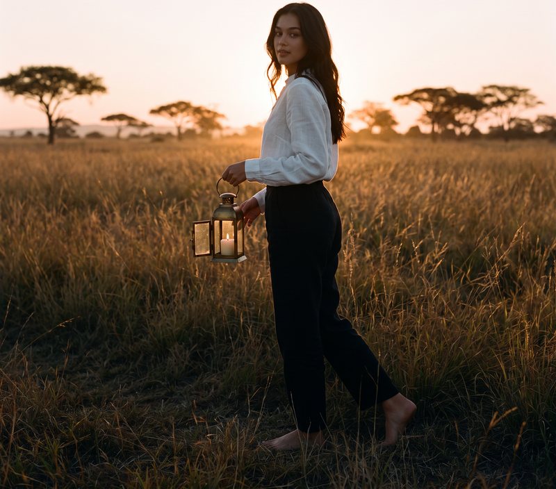 Nova Rai walking through tall savanna grass at dawn with an old brass lantern