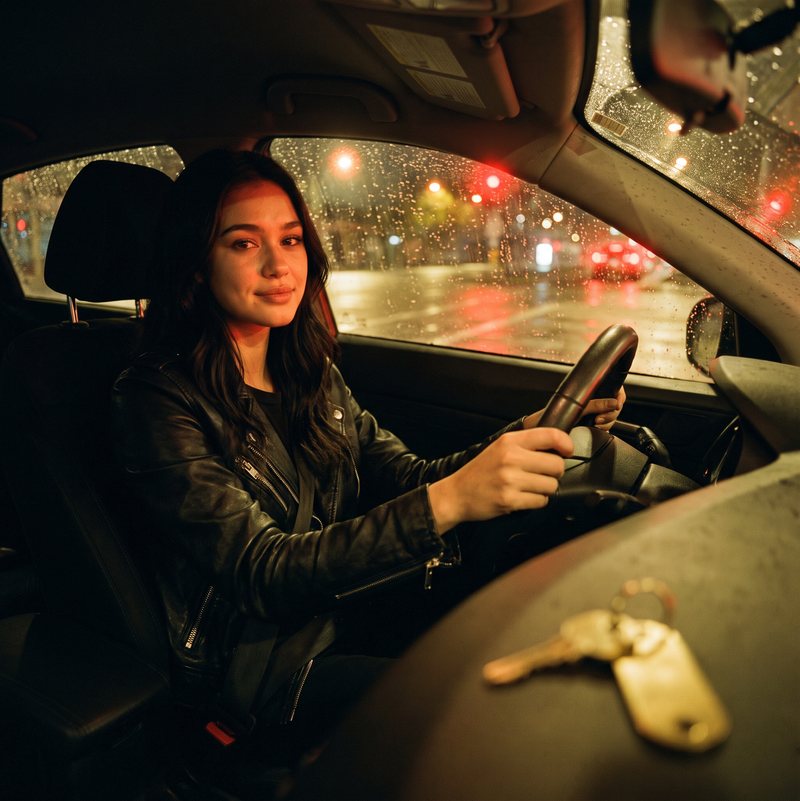 Nova Rai at the wheel of a car before dawn, rain and red lights on the windscreen